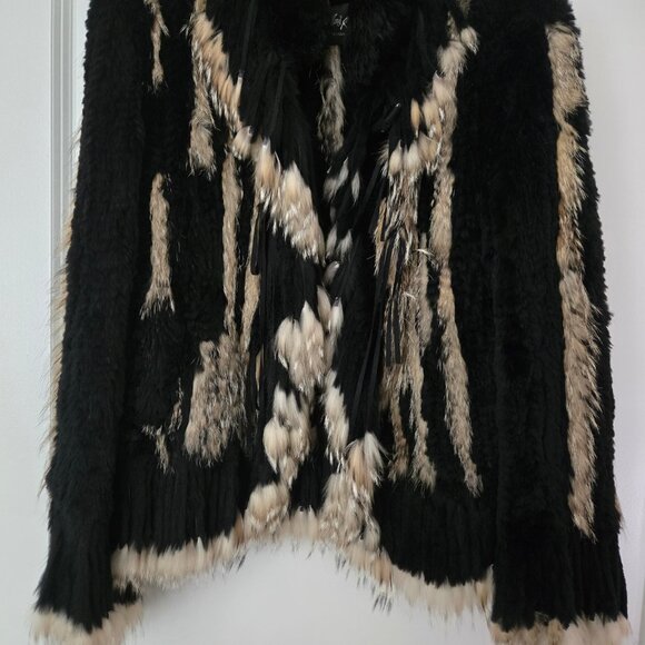 Black Knit Rabbit with Fox Fringe Jacket - Picture 3 of 9